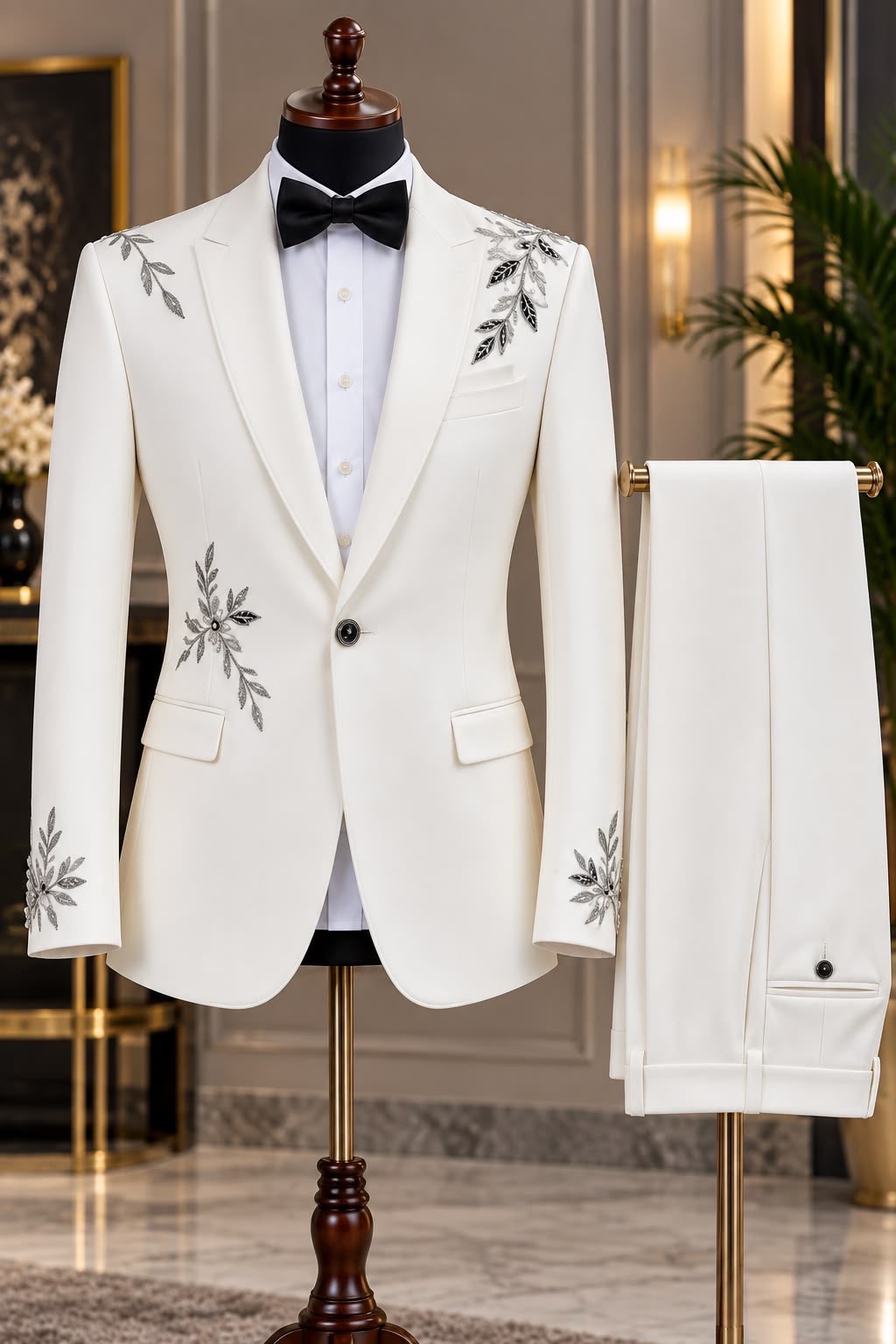 Ivory Embroidered Wedding Suit. An ivory wedding suit with floral embroidery on the lapels and sleeves.